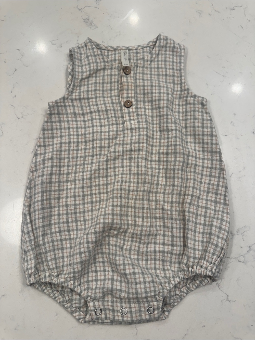 Rylee + Cru Beige and Light Blue Checked Baby One-Piece
